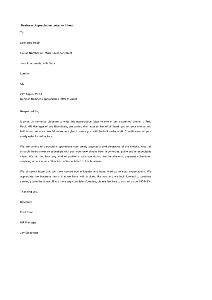 Appreciation Letter for Business 04