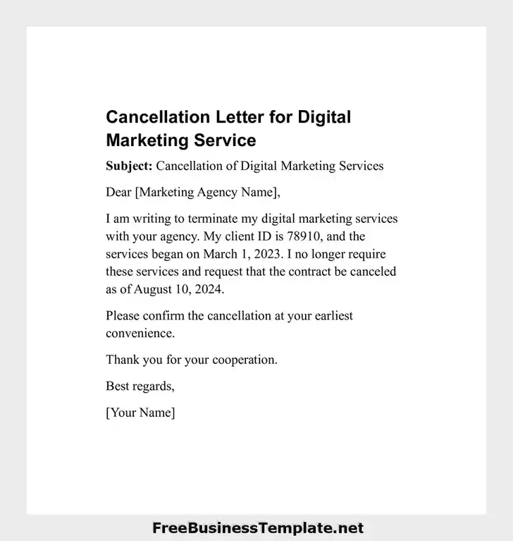 Cancellation Letter for Digital Marketing Service