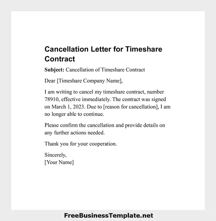 Cancellation Letter for Timeshare Contract