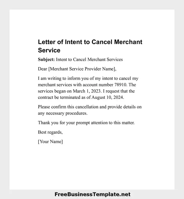 Letter Of Intent To Cancel Merchant Service