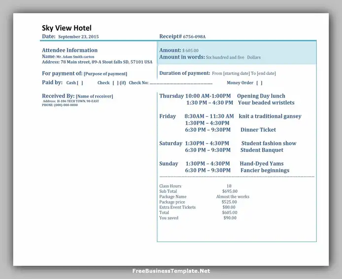 Free Hotel Receipt Template 03