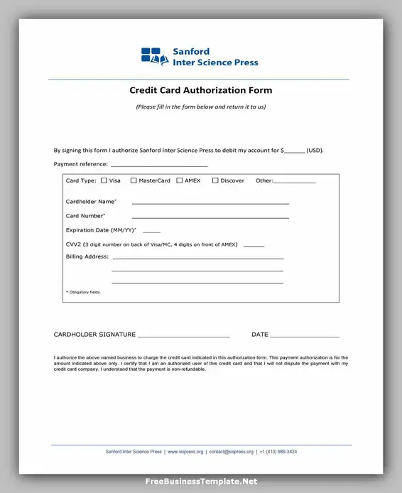 Free Credit Card Authorization Form Template Word 10