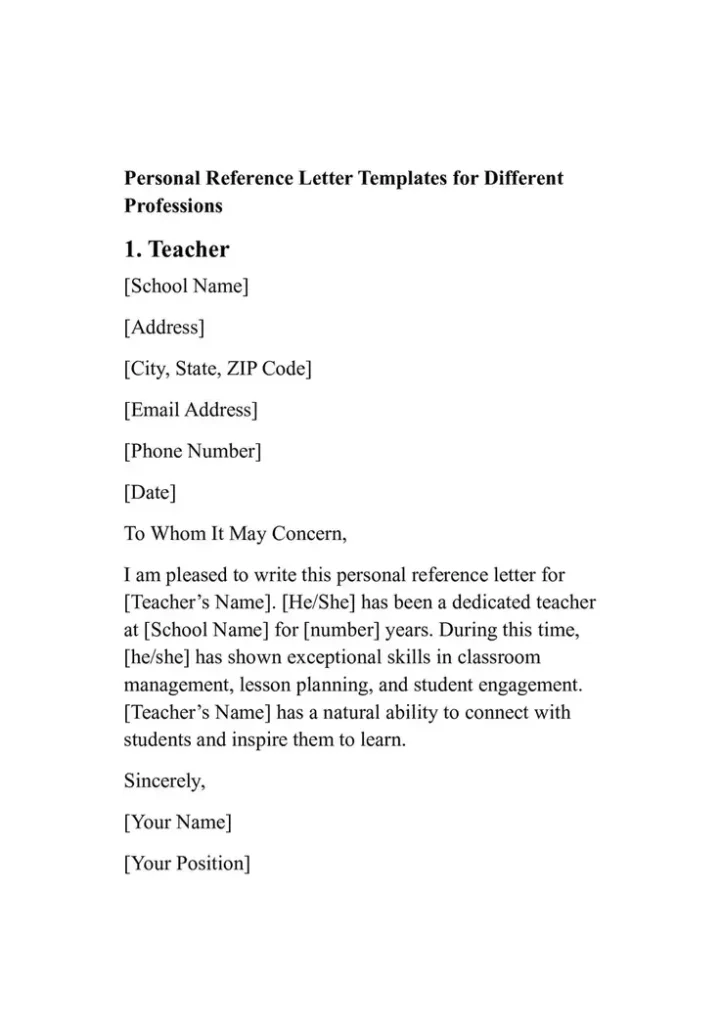 Sample Personal Reference Letter Template 1. Teacher