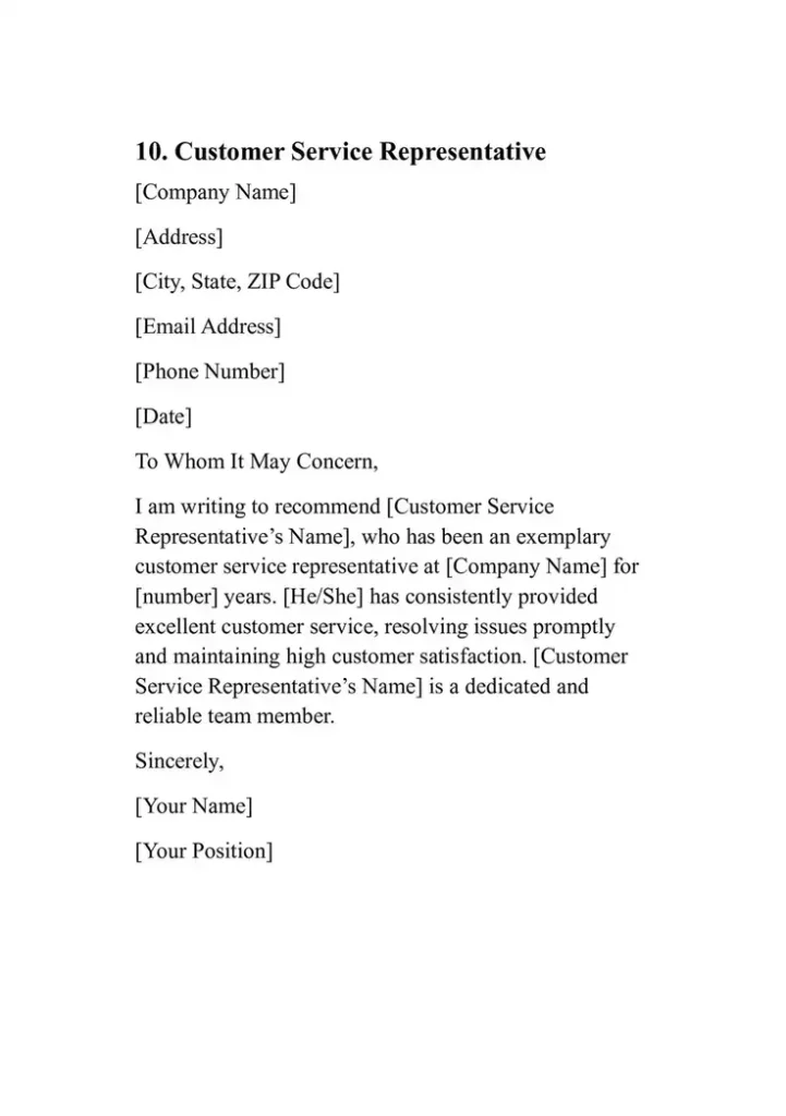 Sample Personal Reference Letter Template 10. Customer Service Representative