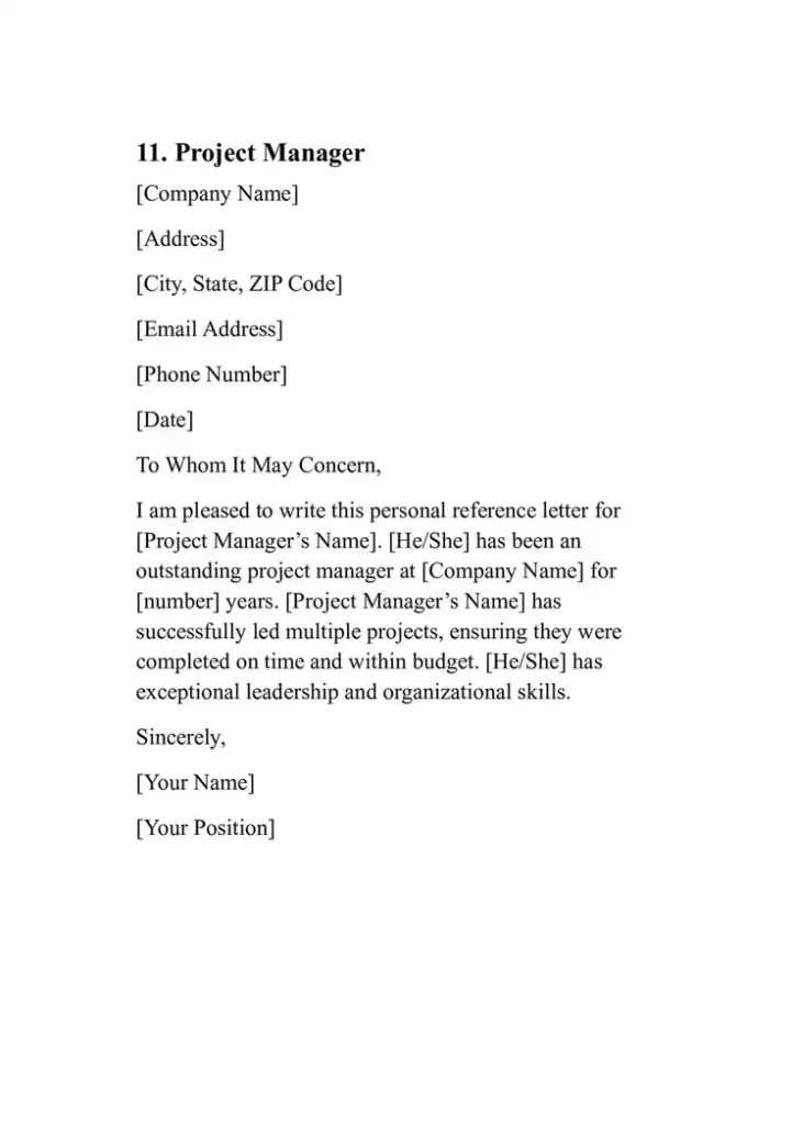 Sample Personal Reference Letter Template 11. Project Manager