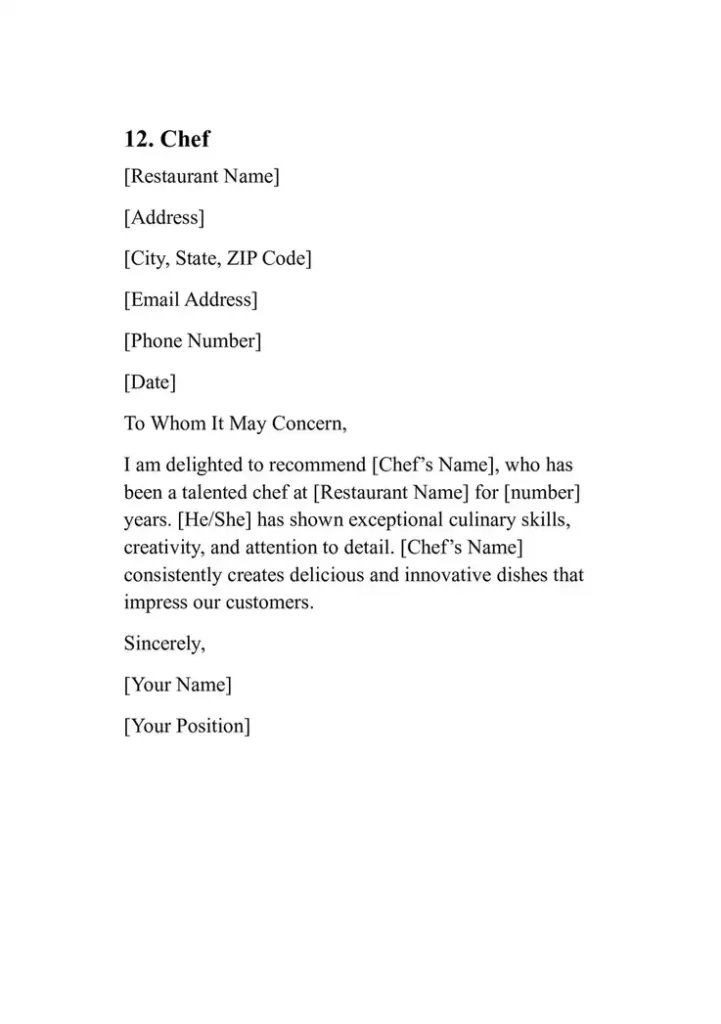 Sample Personal Reference Letter Template 12. Chef