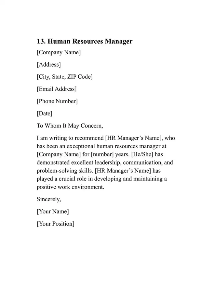 Sample Personal Reference Letter Template 13. Human Resources Manager