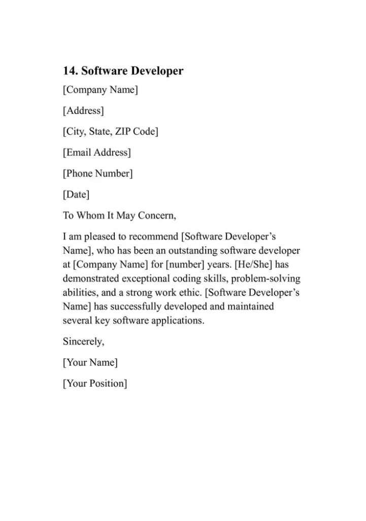 Sample Personal Reference Letter Template 14. Software Developer