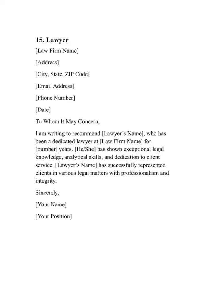 Sample Personal Reference Letter Template 15. Lawyer