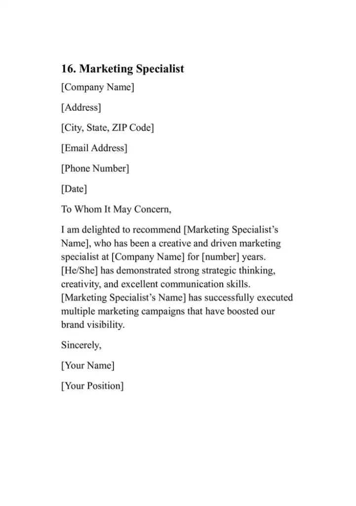 Sample Personal Reference Letter Template 16. Marketing Specialist