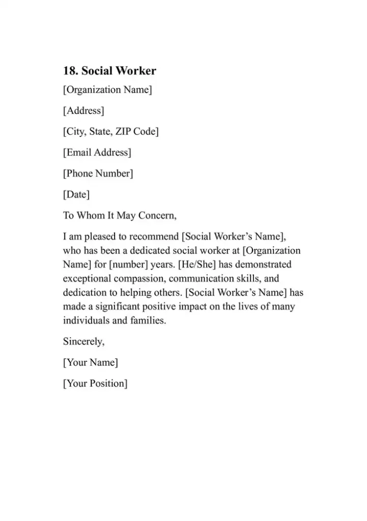 Sample Personal Reference Letter Template 18. Social Worker