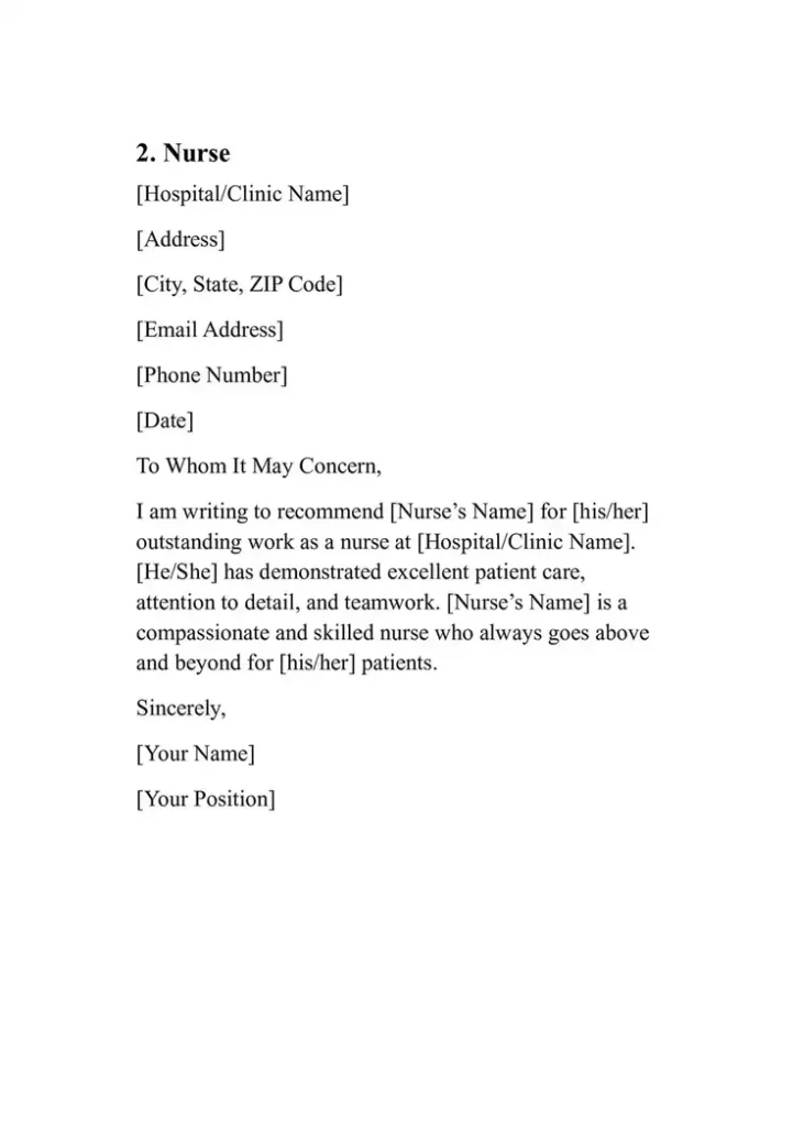 Sample Personal Reference Letter Template 2. Nurse