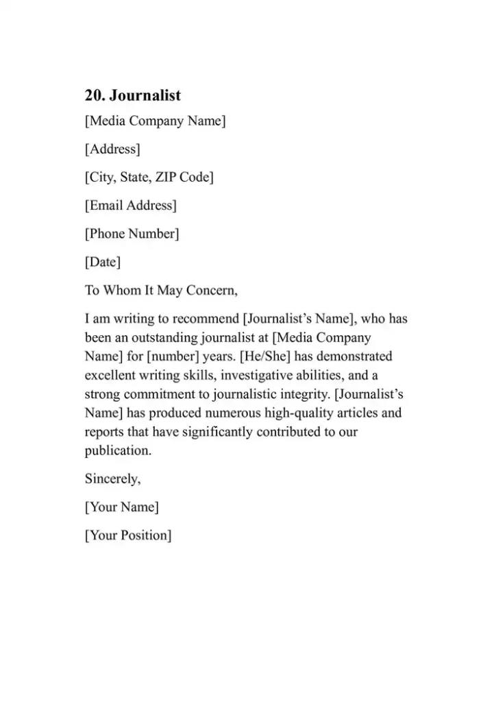 Sample Personal Reference Letter Template 20. Journalist