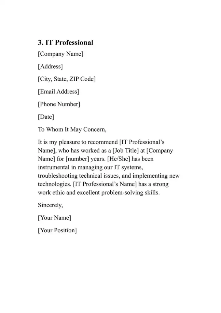 Sample Personal Reference Letter Template 3. IT Professional