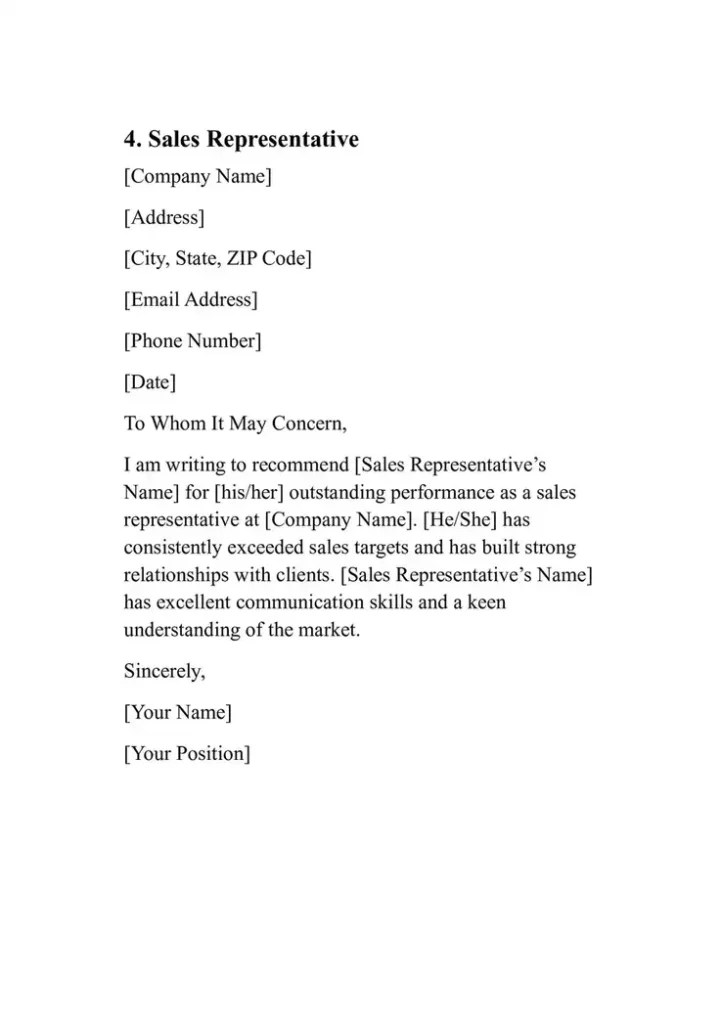 Sample Personal Reference Letter Template 4. Sales Representative