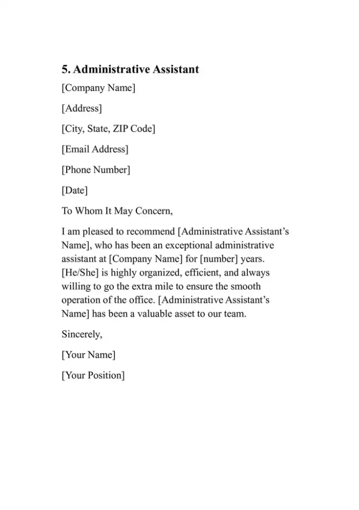 Sample Personal Reference Letter Template 5. Administrative Assistant