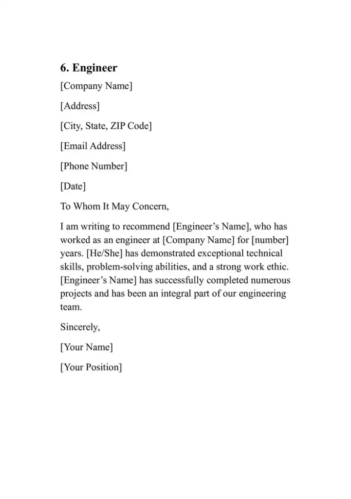 Sample Personal Reference Letter Template 6. Engineer