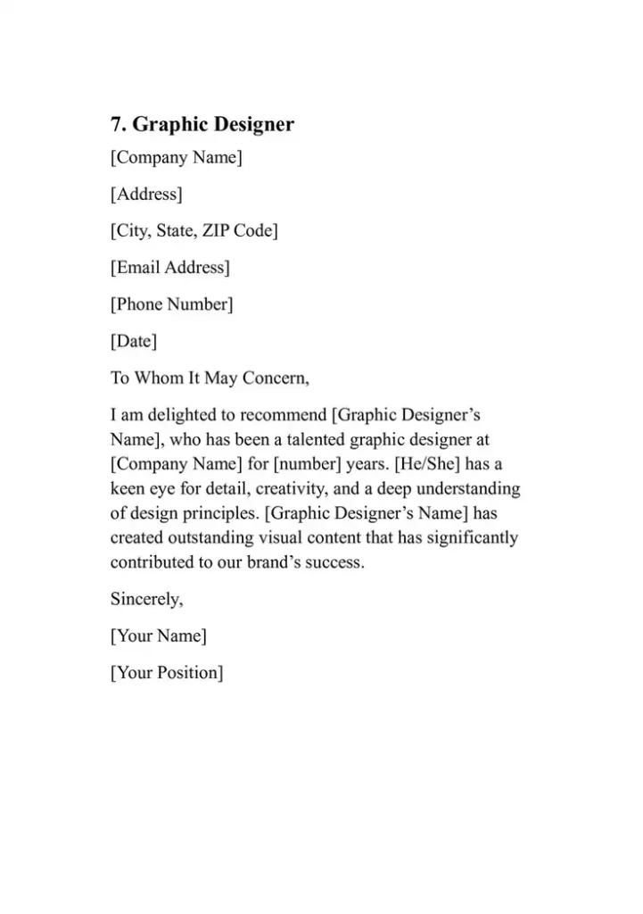 Sample Personal Reference Letter Template 7. Graphic Designer