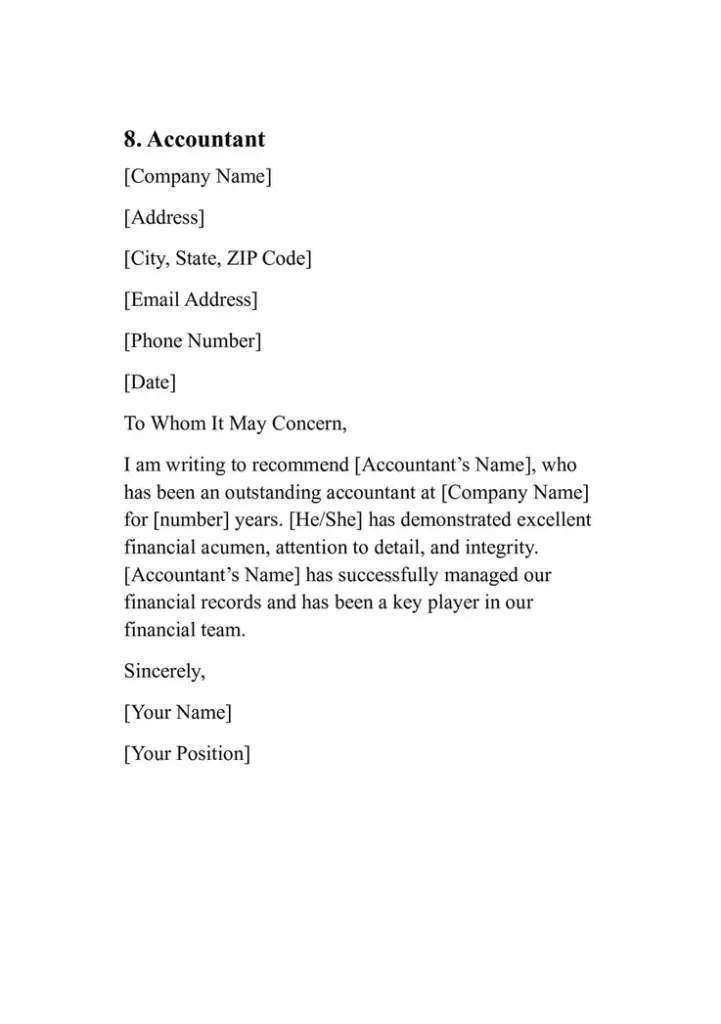 Sample Personal Reference Letter Template 8. Accountant