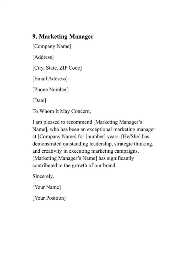 Sample Personal Reference Letter Template 9. Marketing Manager