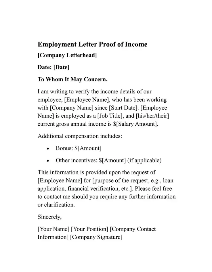 employment letter proof of income