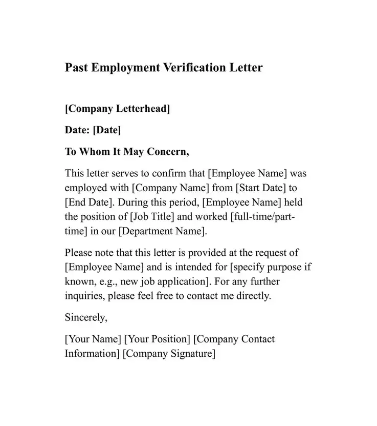 past employment verification letter