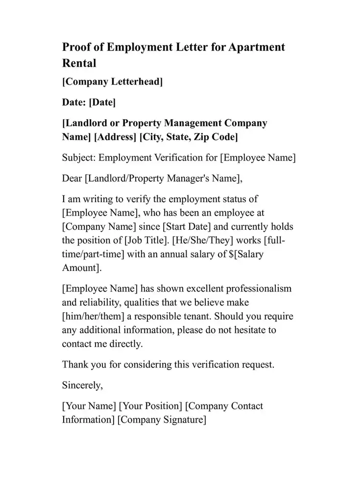 proof of employment letter for apartment