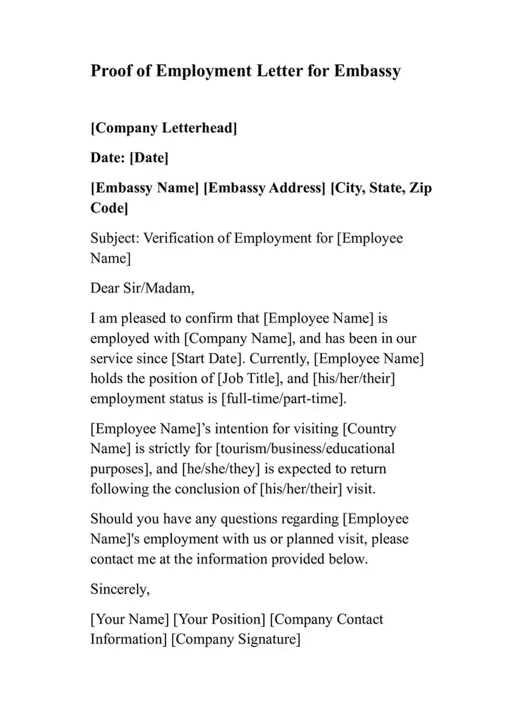 proof of employment letter for embassy