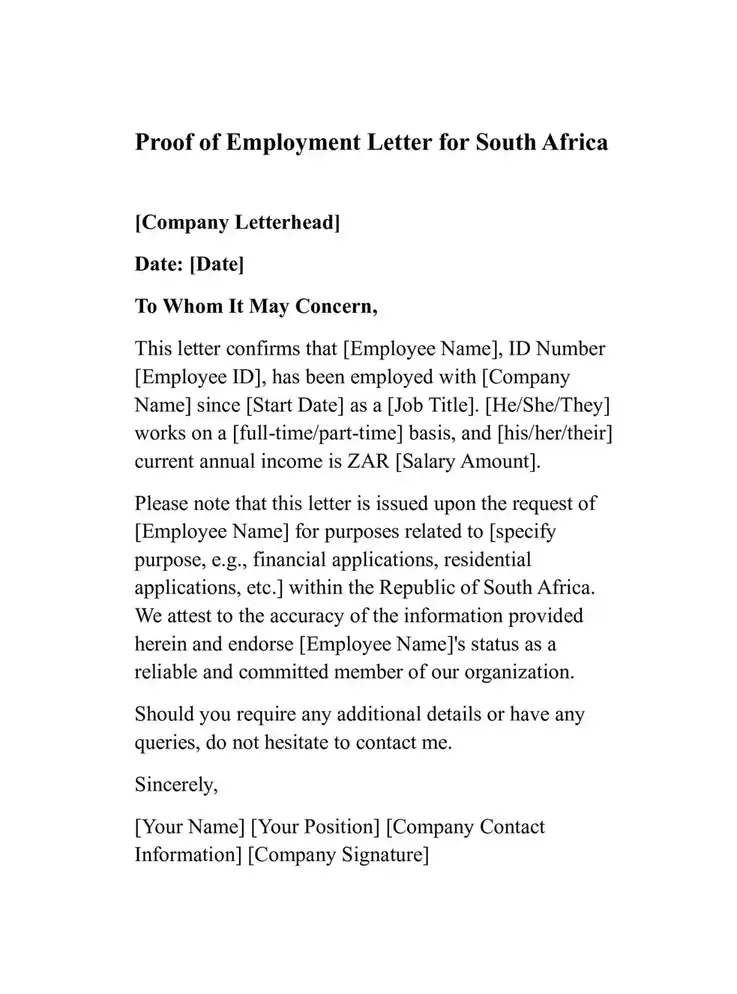 proof of employment letter south africa