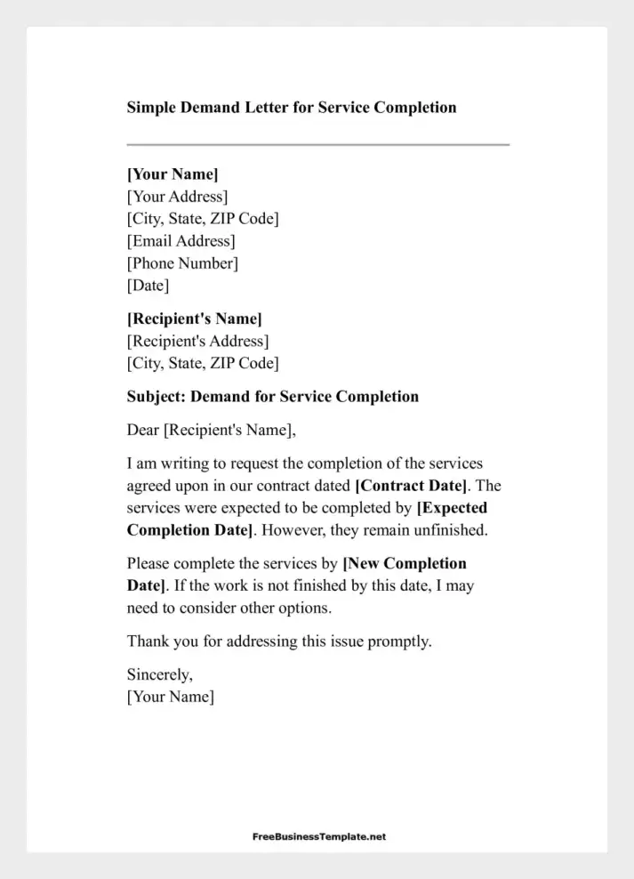 Demand Letter for Service Completion