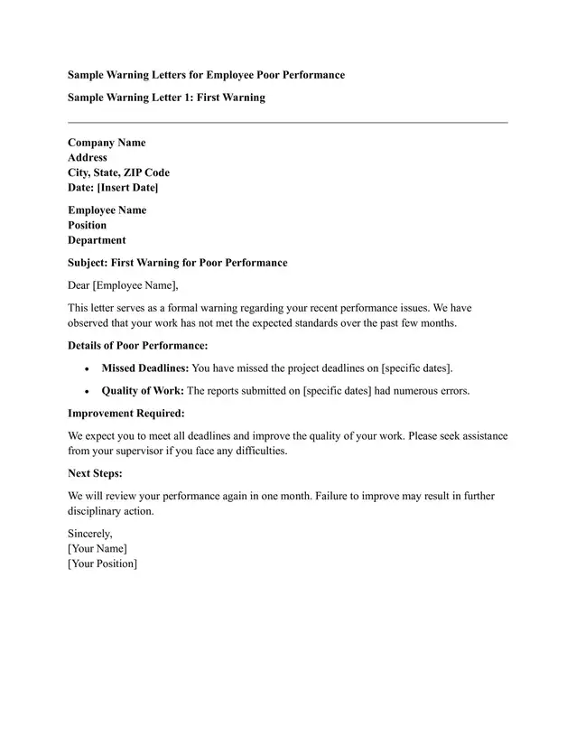 Sample Warning Letter for Employee Poor Performance 01