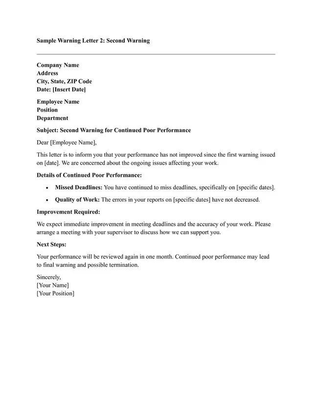 Sample Warning Letter for Employee Poor Performance 02