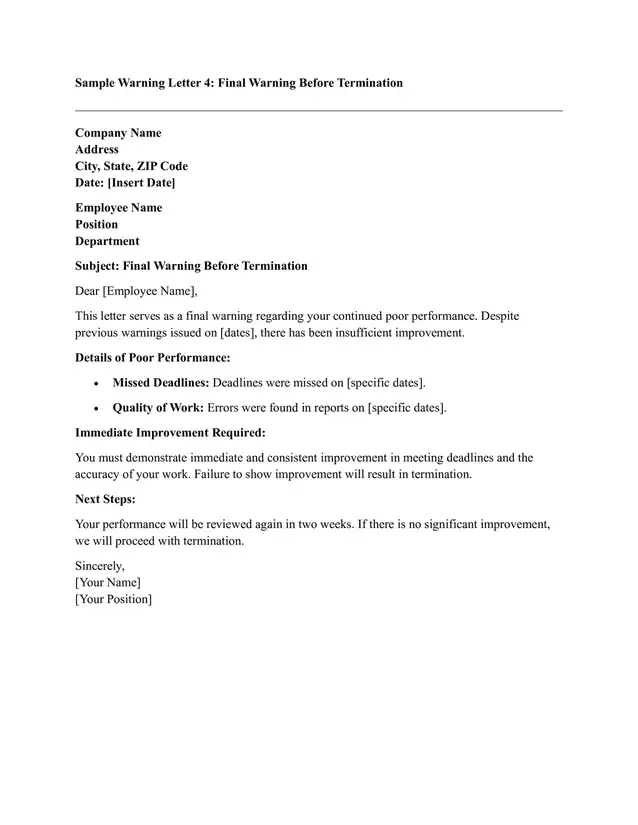 Sample Warning Letter for Employee Poor Performance 04