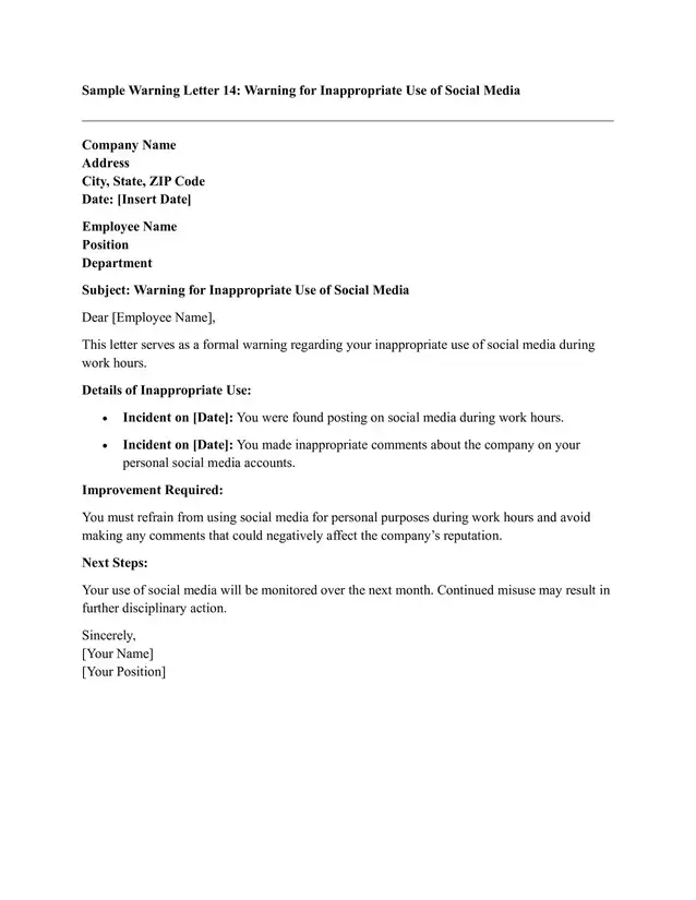 Sample Warning Letter for Employee Poor Performance 14