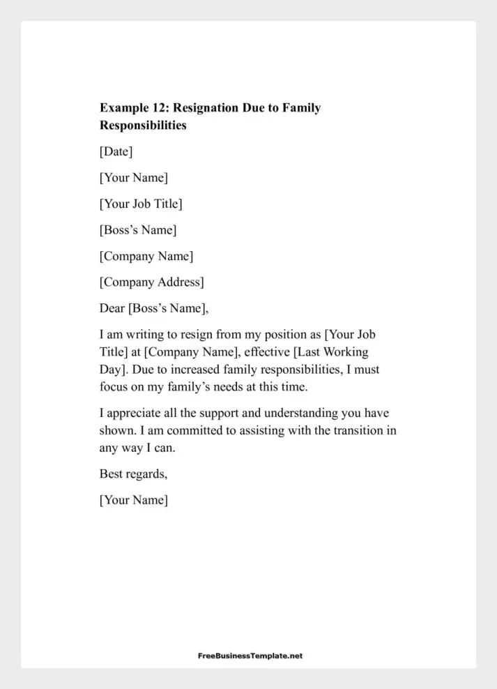 Examples of Two Weeks Notice Letters Resignation Due to Family Responsibiliti