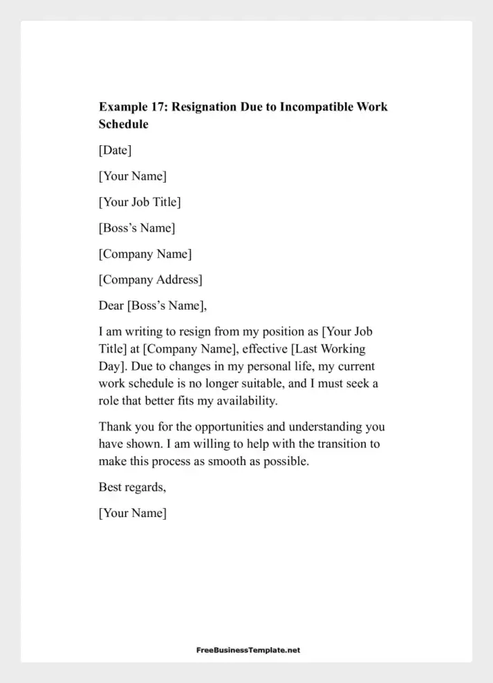 Examples of Two Weeks Notice Letters Resignation Due to Incompatible Work Sch