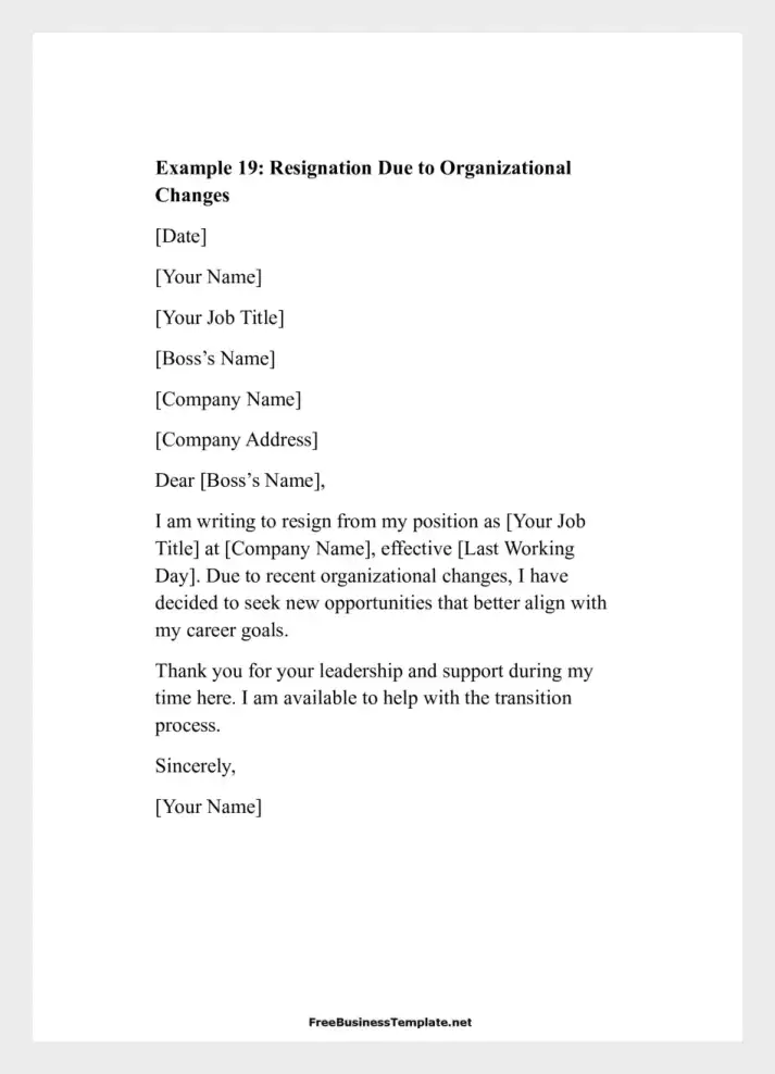 Examples of Two Weeks Notice Letters Resignation Due to Organizational Change