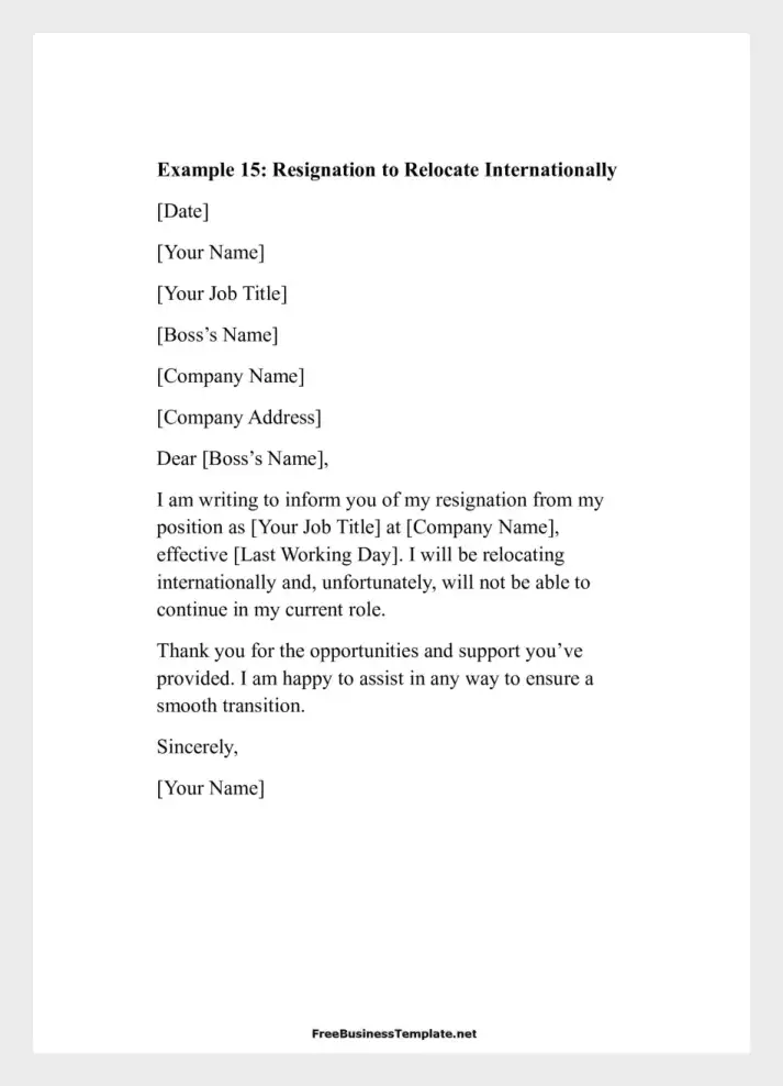 Examples of Two Weeks Notice Letters Resignation to Relocate Internationally