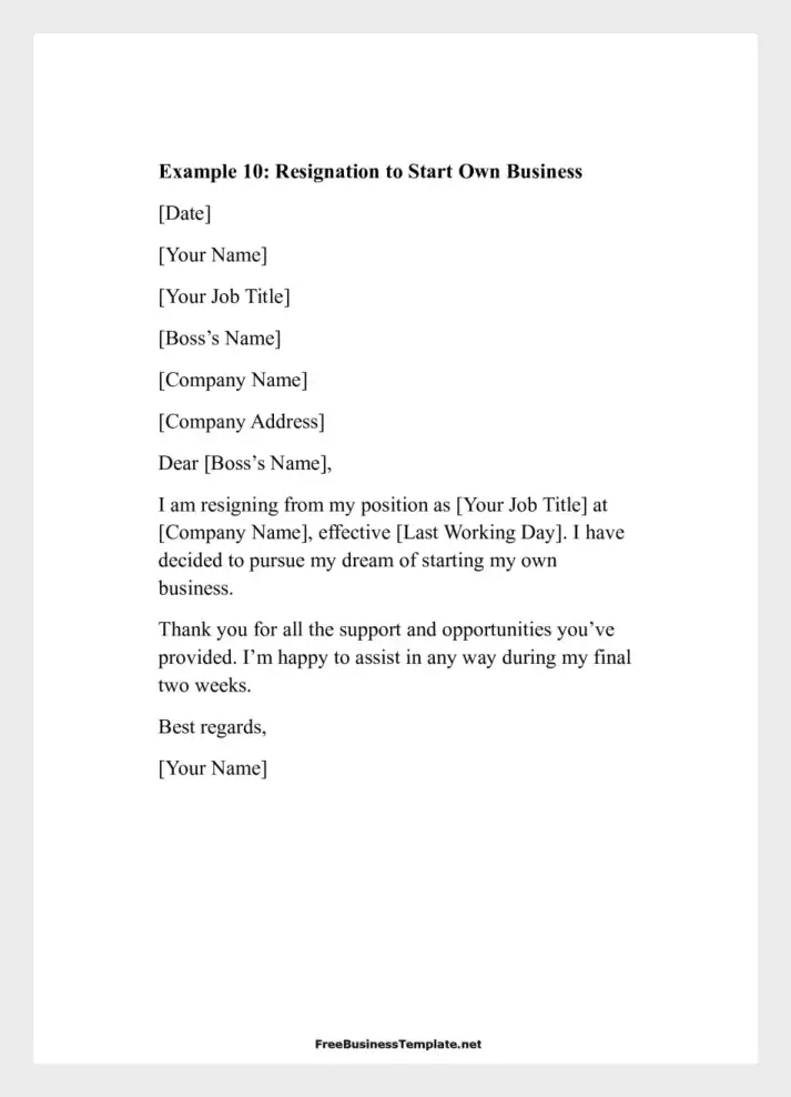 Examples of Two Weeks Notice Letters Resignation to Start Own Business