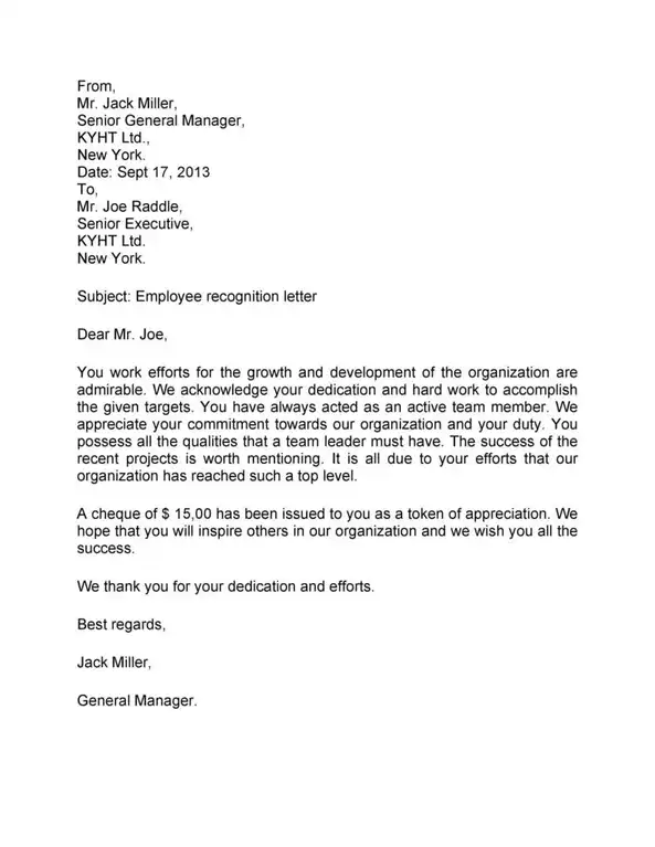 Recognition letter sample for employee 06