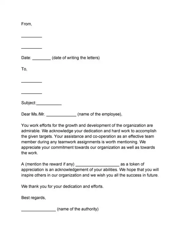 Recognition letter sample for employee 07