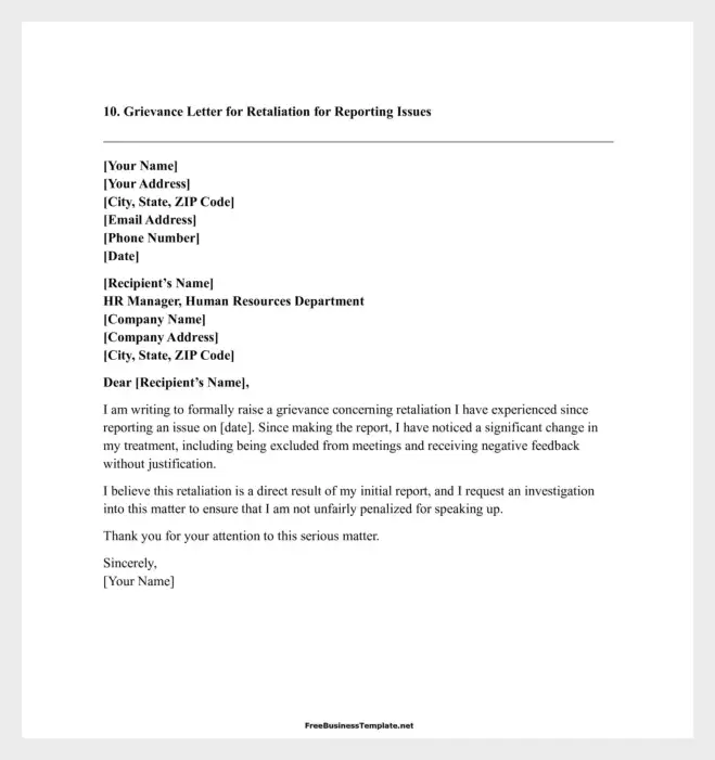 Example of Grievance Letter for Retaliation for Reporting Issues