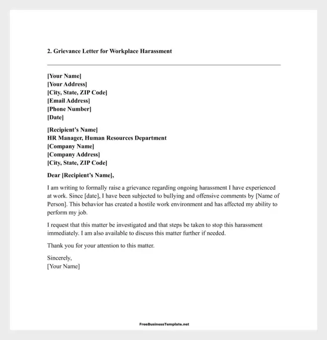 Example of Grievance Letter for Workplace Harassment