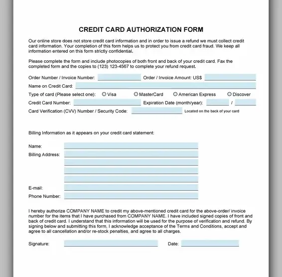 Free Credit Card Authorization Form Template Word 20