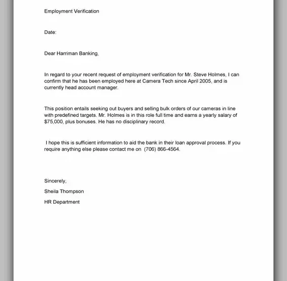 Proof of Employment Letter Example 30