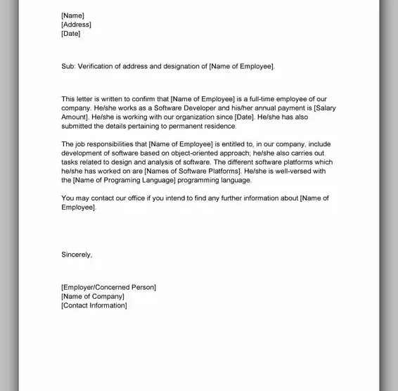 Proof of Employment Letter Example 31