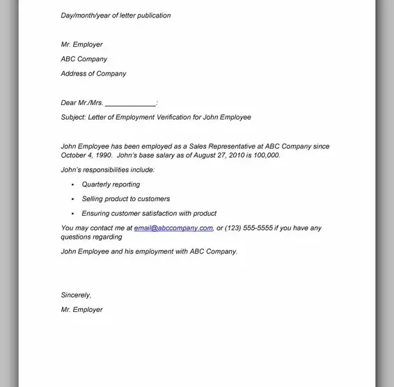 Proof of Employment Letter Example 35