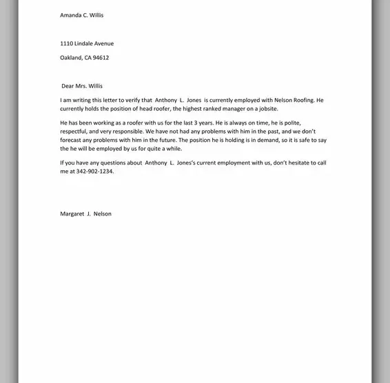 Proof of Employment Letter Example 36