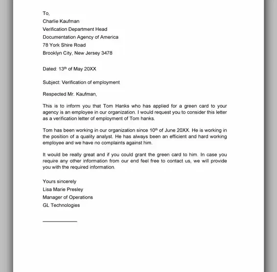 Proof of Employment Letter Example 40