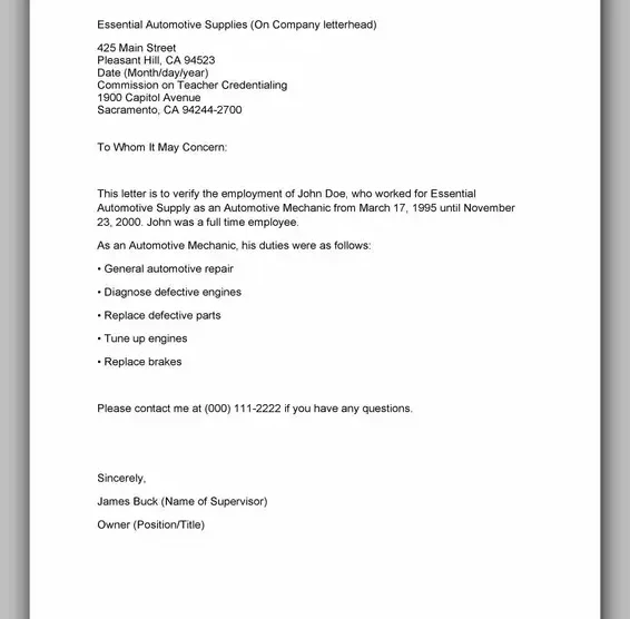 Proof of Employment Letter Samples 18